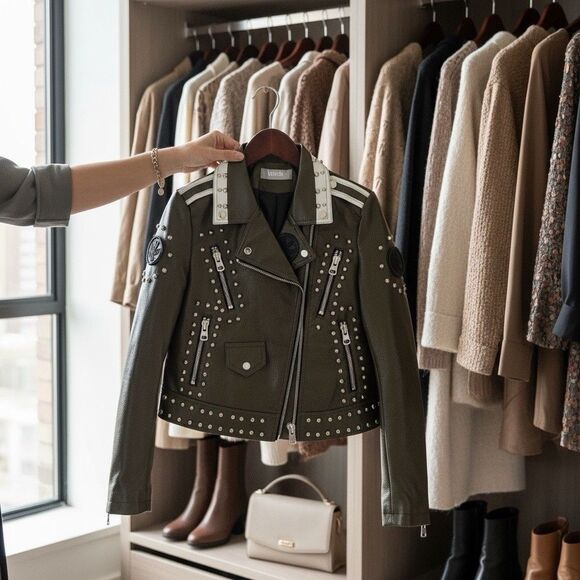 Blue B NWT Studded Vegan Leather Moto Jacket – Fantasy Rebel Look, Size Small - Picture 3 of 16